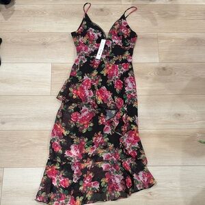 Aqua Black and Red Floral Asymmetrical Dress